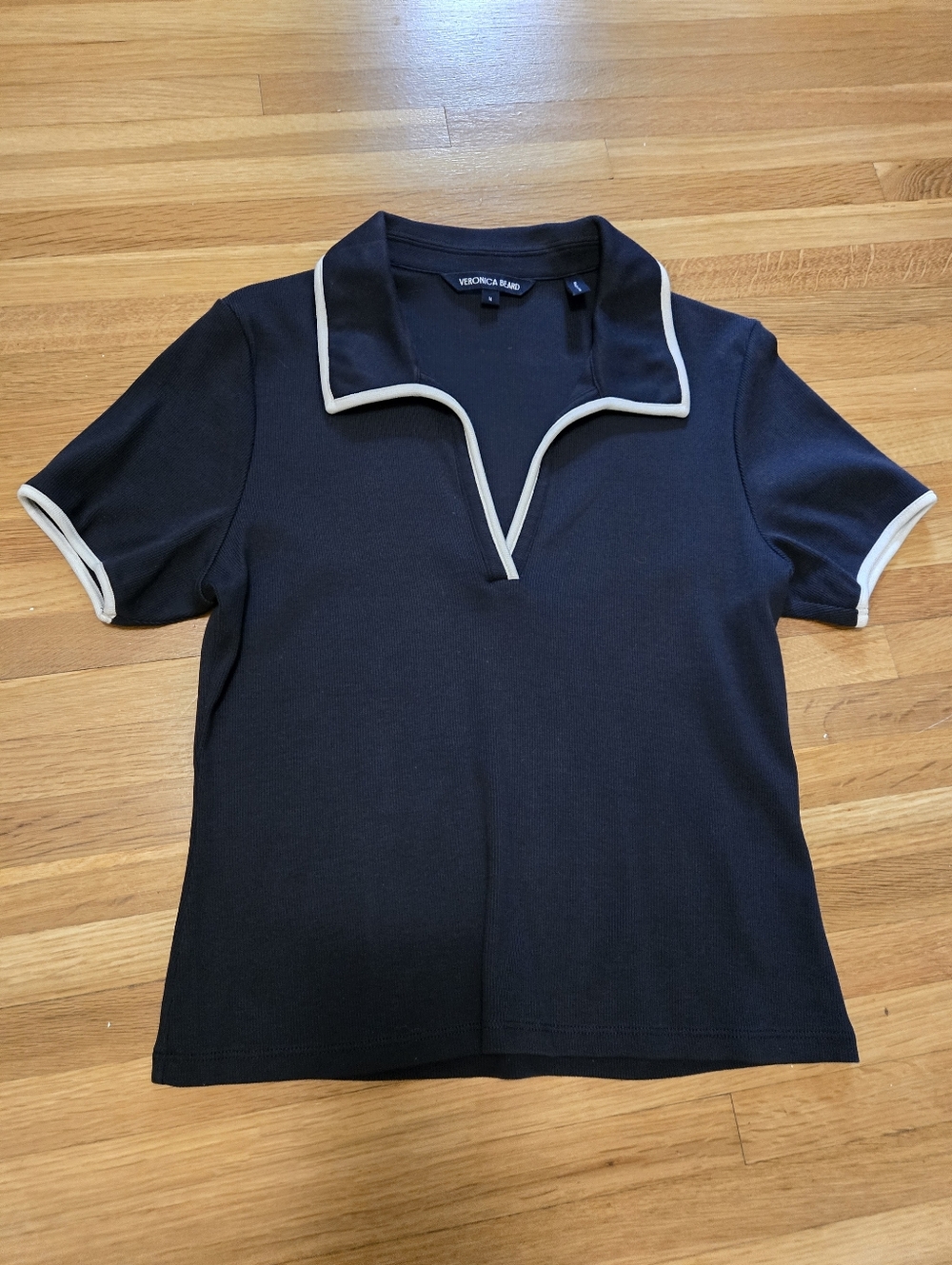 Veronica Beard Kearney Navy Polo Top with White Piping